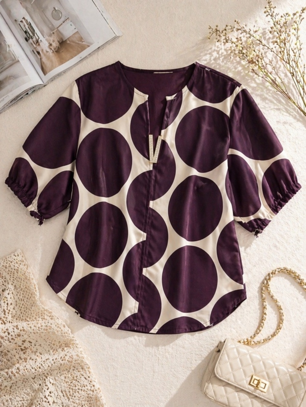 Women’s Purple Polka Dot Short Sleeve Blouse